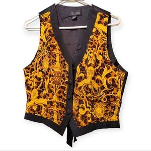 VTG Luxury 100% Silk Gillian Black Gold Ornament Print Baroque Vest Size 12